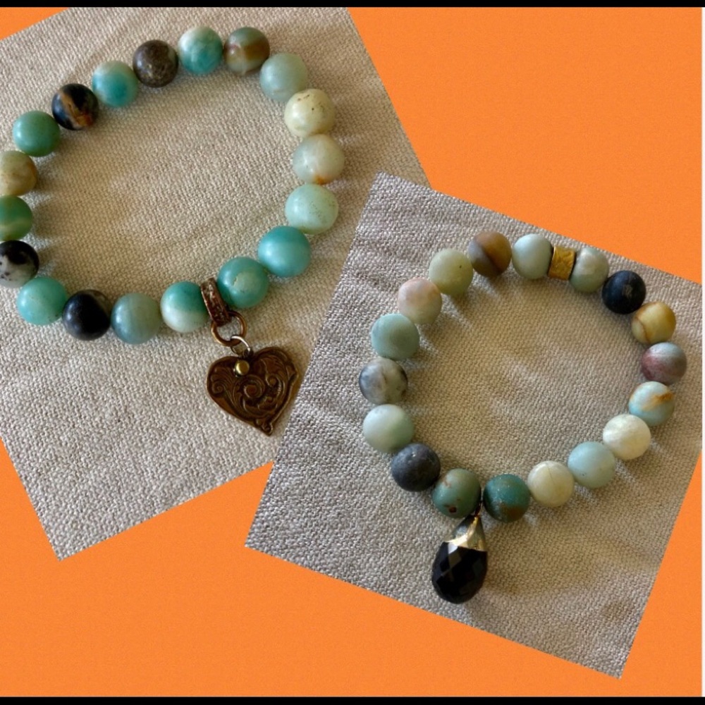 2 Agate Bracelets Honed Beaded Turquoise  Neutral Charms Heart & Crystal